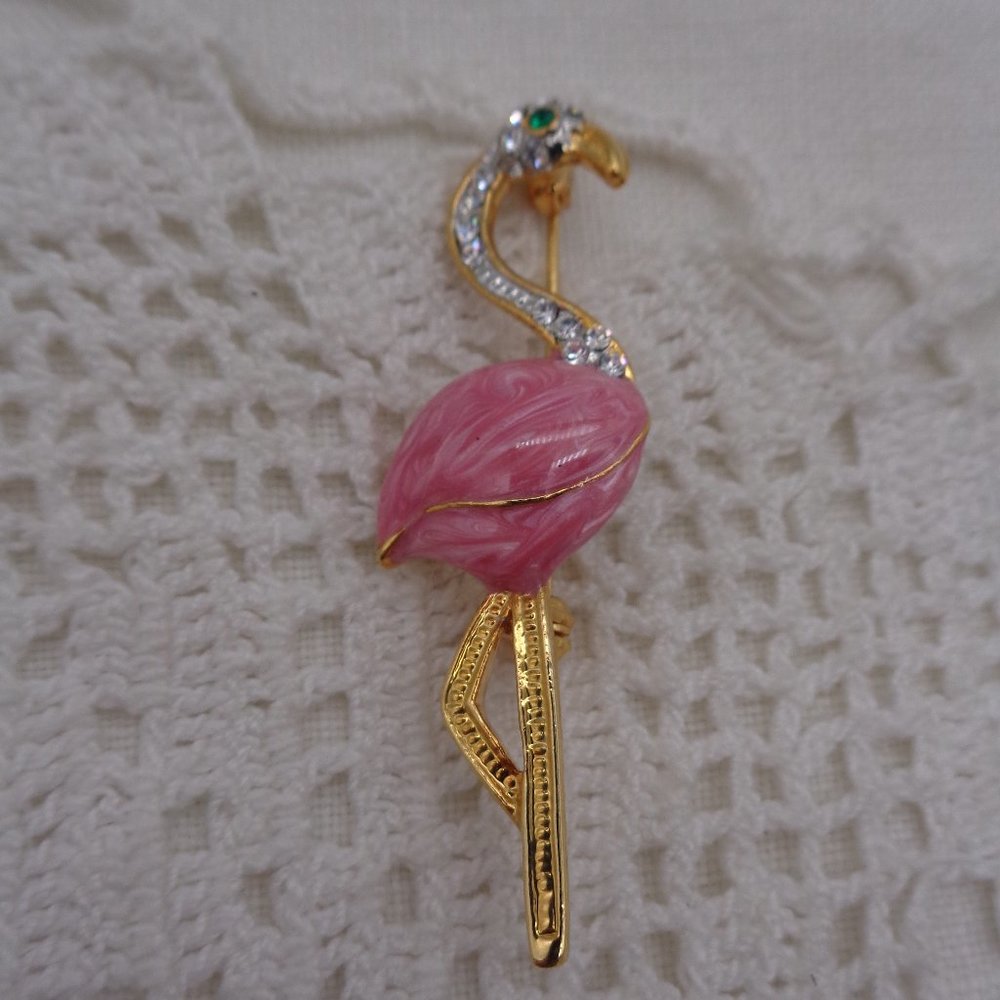 Pink Flamingo Brooch Enamel & Rhinestone